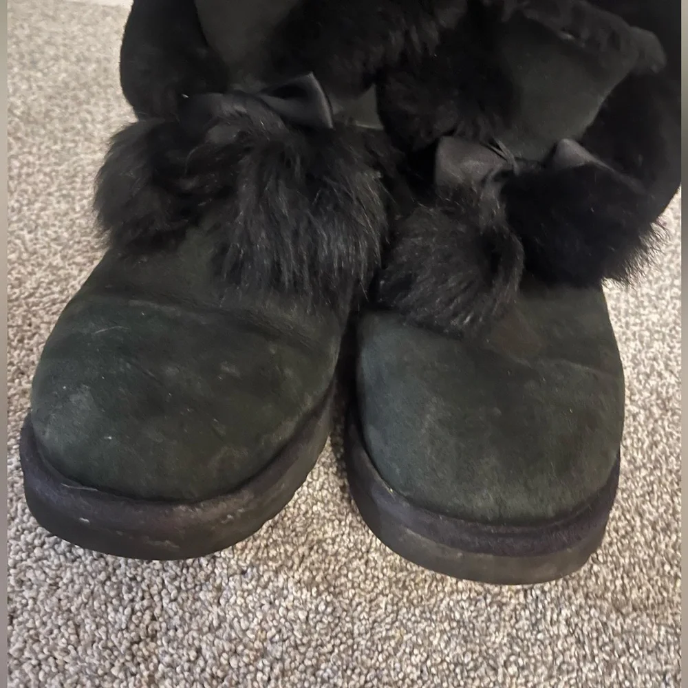Ugg Gita Bow Mini size 10 Black Suede Women's Boots with Fur Trim and Pom Poms